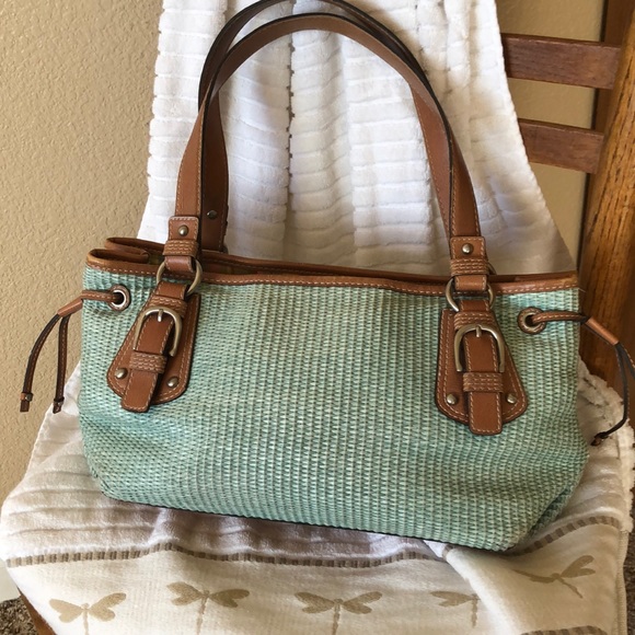 Fossil Teal Blue Leather And Straw Purse - Picture 3 of 6
